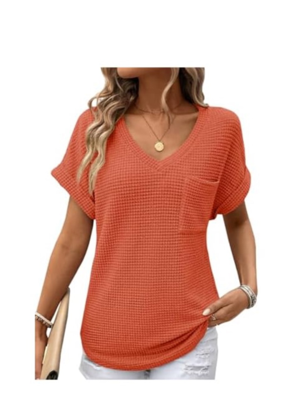 Women’s V-Neck Waffle Knit Pocket Top - Orange